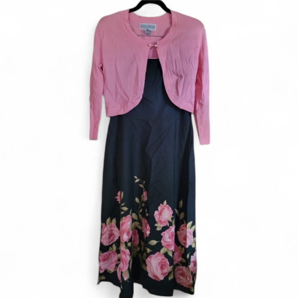 Women’s Black & Pink Floral Dress and Sweater Set in Size 14P